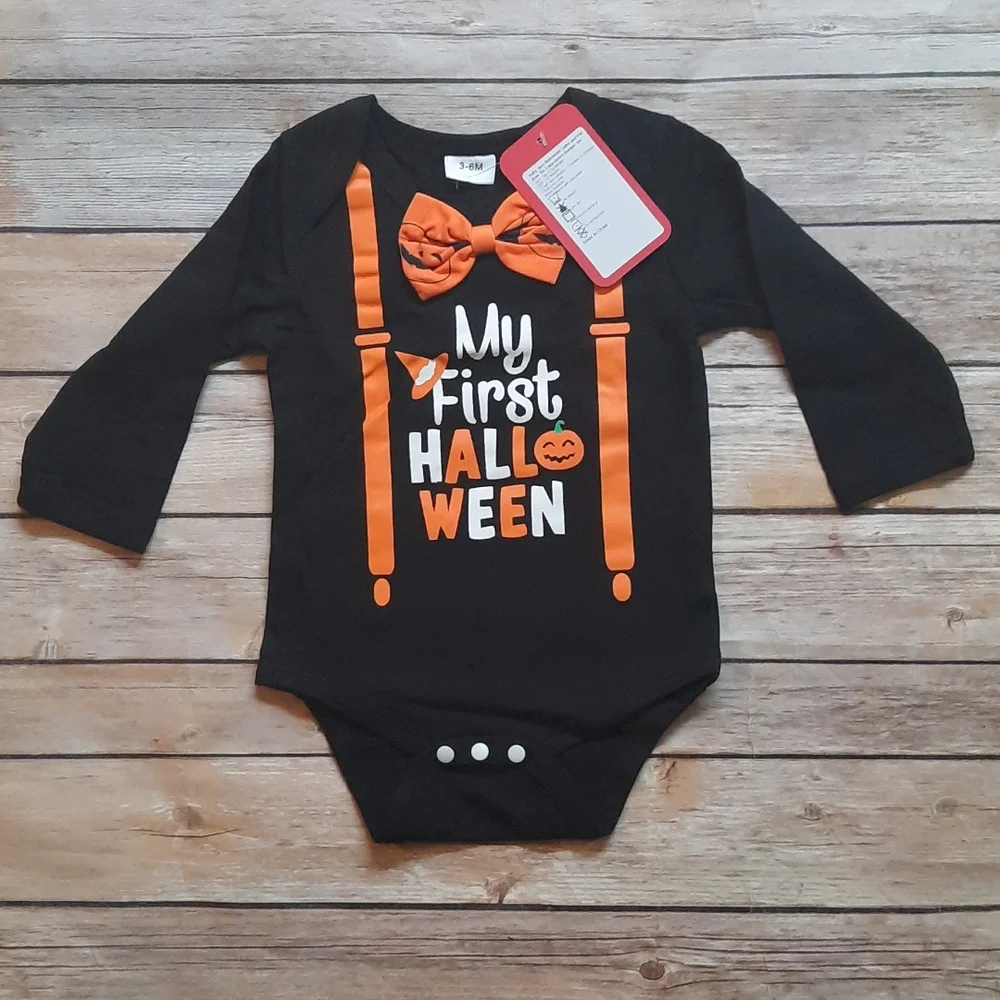 NWT My First Halloween Baby Boy Outfit Set 3PC Pumpkin Bodysuit Pants & Hat 3-6M